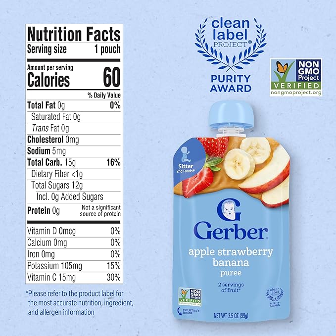 Gerber Stage 2 Baby Food, Apple Strawberry Banana Puree Pouch, 2 Servings of Fruit, No Added Sweetener, No Artificial Colors or Flavors, 12-Pack
