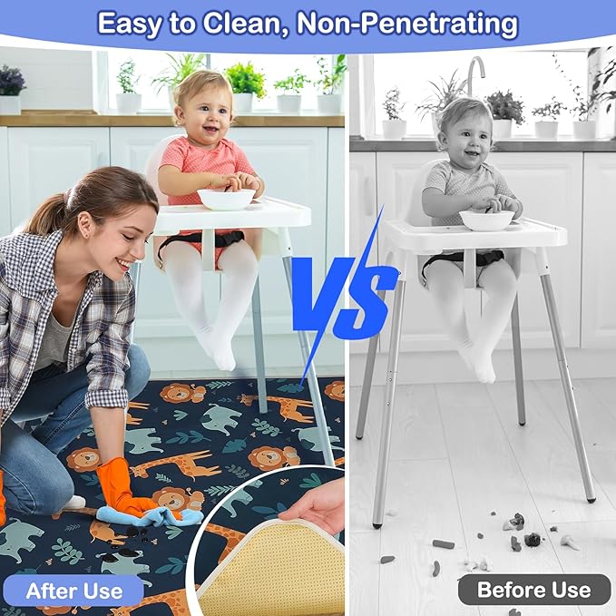 Basumee Splat Mat High Chair Mat Waterproof Baby Play Splat Mat for Under High Chair Food Catcher Highchair Mat for Floor Non Slip Bottom, Dark Blue Giraffe, 46x42 Inches