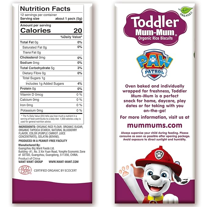 Toddler Mum-Mum Organic Rice Biscuits, Blueberry Paw Patrol | 24 Count (Pack of 6) | Gluten Free, Allergen Free, Non-GMO | Toddler Snacks, Rice Rusk, Cracker