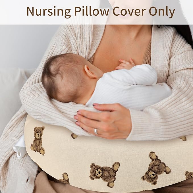 SWESEN Muslin Nursing Pillow Cover, Soft Removable Cover for Breastfeeding Pillows, Pillow Slipcover for Baby Boys and Girls, Comfortable & Breathable, Bear, Washable (Only Cover)