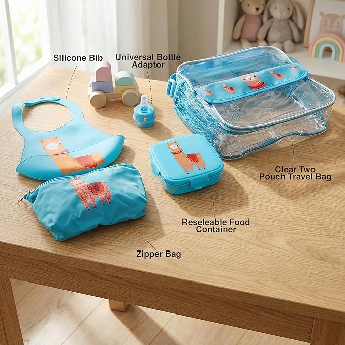 Refresh-A-Baby Feeding Essentials Kit for Feeding on the go, Feeding Travel Set with Universal Bottle Top Adaptor, Resealable Container, Silicone Bib, Clear Travel Bag & More (Llama Love)