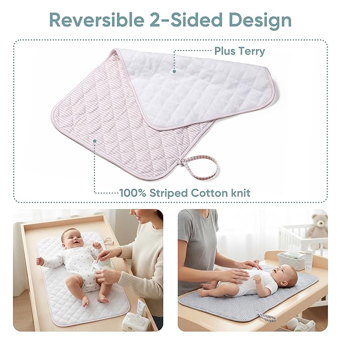 Spirich 3-Pack Reversible Changing Pad Liners, Waterproof & Wipeable Diaper Changing Mat, Thick Terry & 100% Cotton Knit, Portable Baby Changing Pad