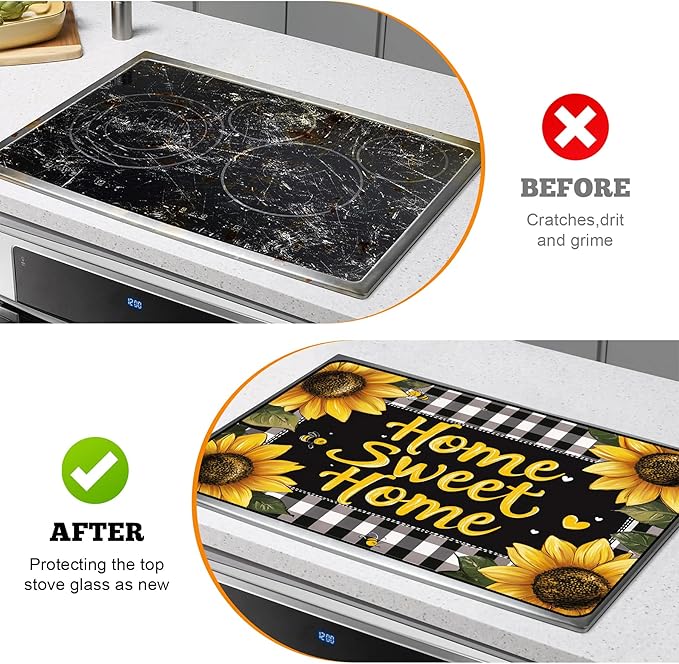 Multi-Design Stove Top Cover for Glass/Electric Stoves - 3-in-1 Heat-Resistant Protector Mat, Non-Slip Drying Rack 28"x20" (Sunflower)
