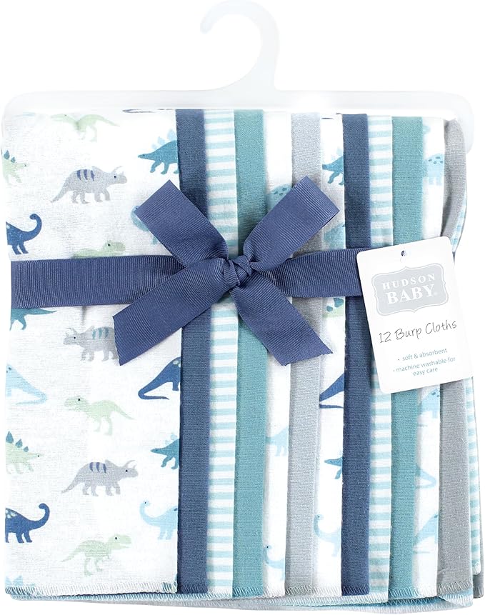 Hudson Baby Unisex Baby Flannel Burp Cloth 12pk, Soft Teal Dino, One Size