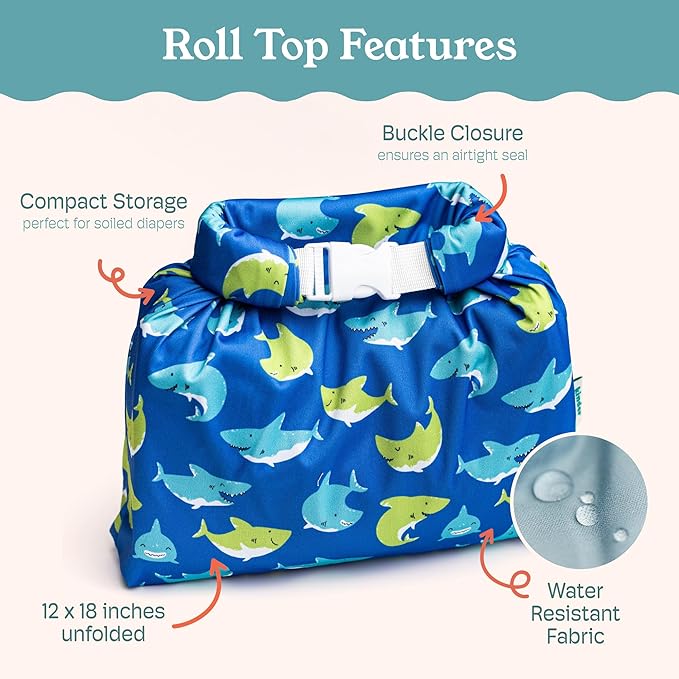 Kinder Set of 2 Water Resistant Wet Bags for Storing Laundry or Cloth Diapers Travel Size Wet Bag Daycare Beach Pool Wet Swimsuit Roll Top for Air Tight Odor Contained Washable Reusable (Sharks)