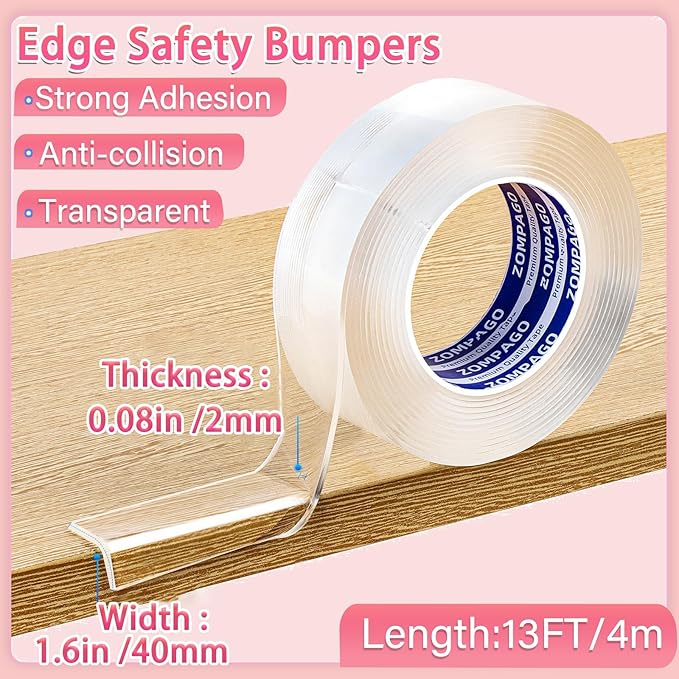 ZOMPAGO Clear Acrylic Edge Protector Tape, 2mm Thick x 2.6in x 13FT, Self Adhesive Transparent Bumper Strip for Table Edge, Crib Edge, Sharp Furniture Edge Protection, Baby Proofing