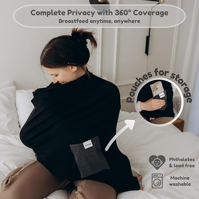 Premium Bamboo Nursing Cover for Breastfeeding 6-in-1 with 2 Pockets, 360 Privacy, Feeding Cover, Soft Breathable Nursing Shawl, Scarf, Stretchable Baby Seat Cover, Poncho (Black/Grey)