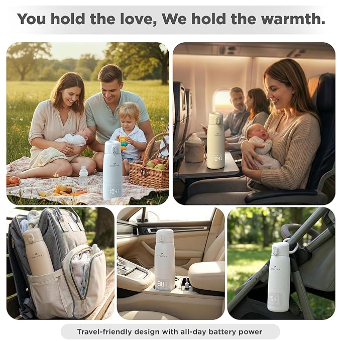 Portable Bottle Warmer for Travel & Night Feeding, Baby Milk Warmer with Built-in Sterilizer, 70 Sec Breast Milk Warming, 2 Min Formula Water Heating, 14,000mAh Battery, 15+ Feeds, 17 oz Capacity