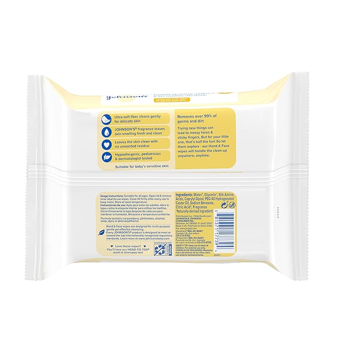 Johnson's Hand & Face Baby Sanitizing Cleansing Wipes for Travel and On-the-Go, No More Tears Formula, Paraben and Alcohol Free, 25 ct (Pack of 4)