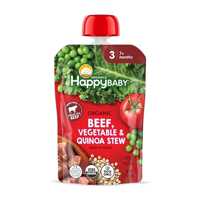 Happy Baby Organics Savory Blends Stage 3 Baby Food Puree, Grass Fed Beef, Market Vegetables & Quinoa Stew, 3.5 Ounce (Pack of 16)