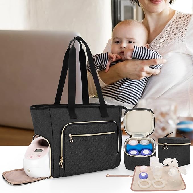LUXJA Breast Pump Bag Compatible with Spectra S1 and S2 (with a Breastmilk Cooler Bag, a Small Carrying Case and a Waterproof Mat), Pumping Bag for Breast Pump and Extra Parts, Black