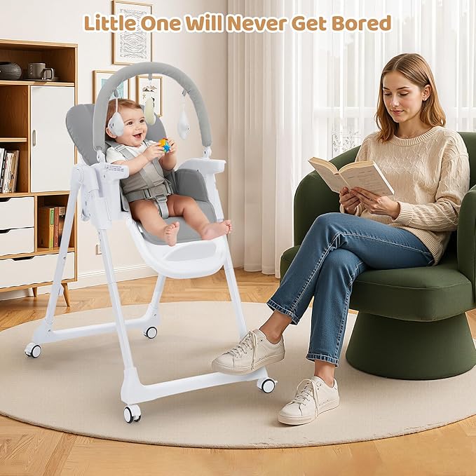 Ezebaby Foldable Baby High Chair, 3-in-1 Convertible High Chairs to Booster Seat, Portable High Chair with Adjustable Height and Recline, Removable Tray & Toy Bar