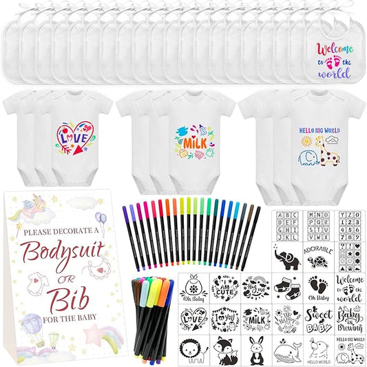Bibs Bodysuits Baby Shower Game Sign Set Newborn Onesies Feeder Gift Fabric Marker Stencils Kit