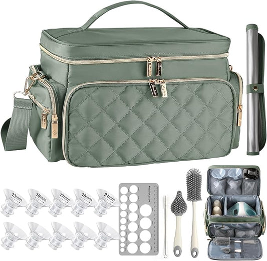 Breast Pump Bag Kit for Spectra S1/S2, Pumping Bag with Bottle Brush Set,10Pcs Flange Inserts for 24mm Flange, Nipple Ruler, Waterproof Mat, Pump Carrying Case for Work Travel, Sage Green