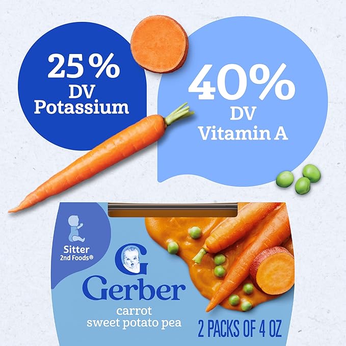 Gerber Stage 2 Baby Food, Carrot Sweet Potato Pea Puree Tubs, No Added Salt, No Artificial Colors or Flavors, Baby Puree, 16-Pack