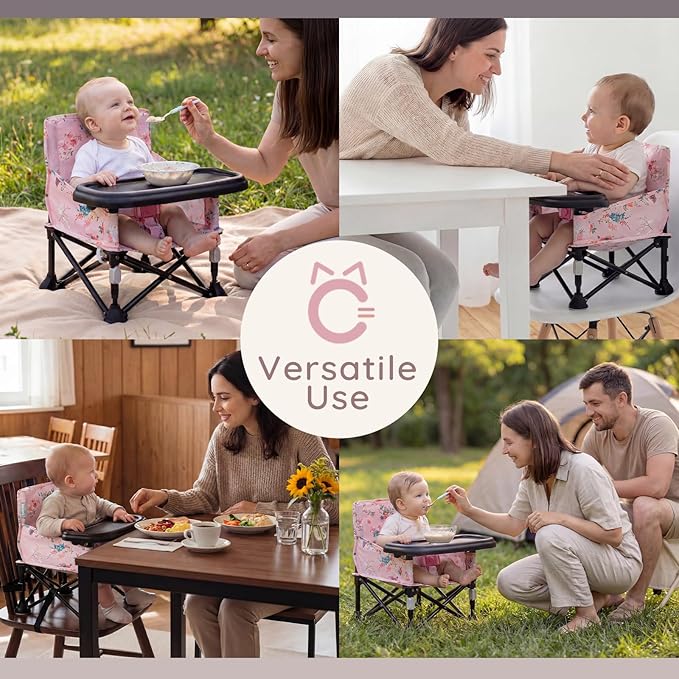 Booster Seat for Kitchen Chair with Removable Tray, Portable Foldable Baby Chair for Babies 6-36 Months, Indoor Outdoor Toddler Camping Chair (Pink Floral Design)