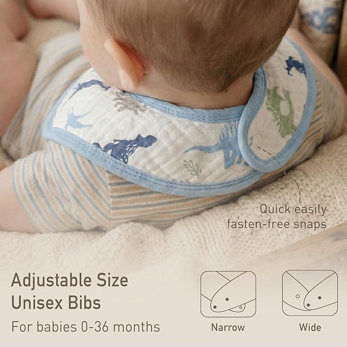 GLLQUEN BABY Muslin Drool Bibs for Boys Girls 6 Pack, Adjustable Baby Bibs for Drooling and Teething, Soft Cotton Baby Bandana Bib for Newborn Feeding Essentials (My Dino Pals)