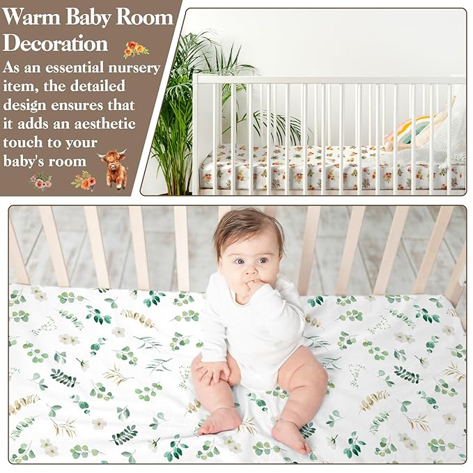 4 Pack 52" x 28" Changing Pad Cover for Boys Girls Highland Cow Eucalyptus Leaf Floral Pattern Neutral Nursery Decor Change Table Covers Soft Changing Pad Sheets for Baby Girls Baby Boys