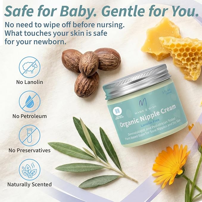 Mama & Wish® Organic Nipple Cream Safe for Breastfeeding - Breastfeeding Nipple Balm | Lanolin-free, Breastfeeding Essentials Safe for Nursing (1oz | 1 Pack Scented)