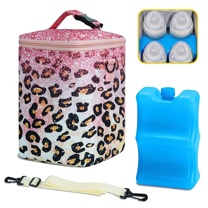 Breastmilk Cooler Bag with Ice Pack Fits 4 Baby Bottles Up to 9 Ounce Insulated Baby Bottle Bag Breast Milk Cooler on The Go with Strap Baby Bottle Cooler Bag for Nursing Mom Daycare or Travel