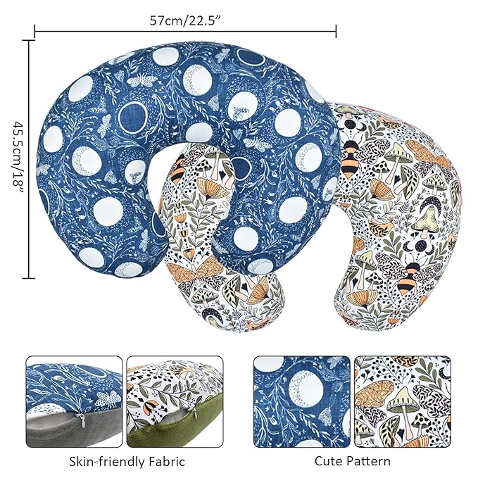 Winmany 2 Pack Baby Nursing Pillow Cover Newborn U-Shaped Breastfeeding Pillowcase Cushion Cover Stretchy Replaceable Forest&Floral Pillow Cover Slipcover 22.5x21