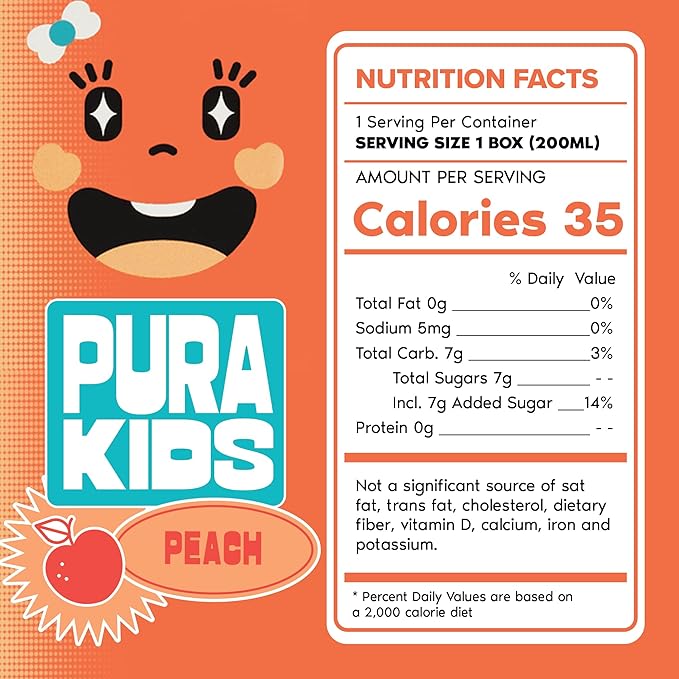 PURA Kids Box | Peach Fruit extract infused Drink for kids | 7g Pure Cane Sugar | Non-GMO | Vegan, No Artificial Sweeteners | Best Lunchbox Beverage with Paper Straw | 6.76 fl oz (200ml), Pack of 24