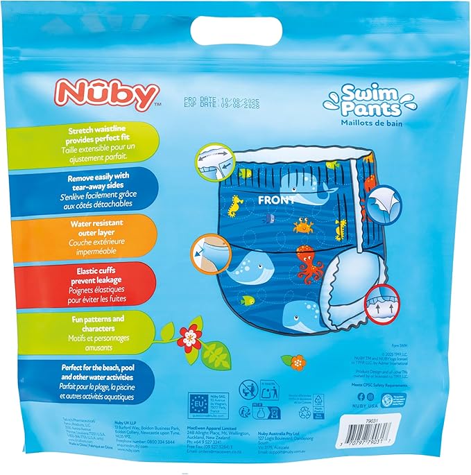 Nuby Swim Pants for Toddlers - 5 Pack - Toddler Swim Diapers with Stretchy Waistline, Tear-Away Sides, Water-Resistant Outer Layer & Leak-Preventing Cuffs - Size Medium (20-31 lbs)
