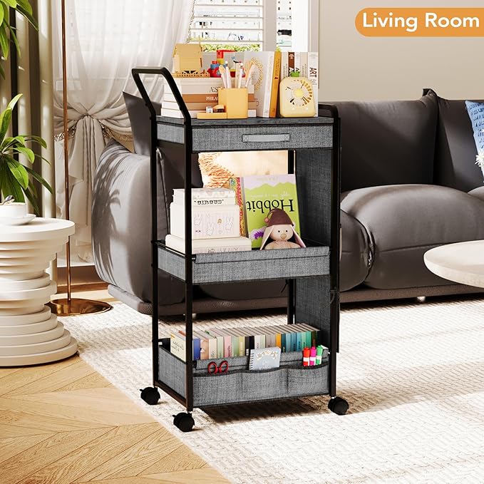 BBLIKE 3-Tier Diaper Caddy Organizer - Rolling Utility Baby Cart with Drawer and Side Pockets for Nursery and Baby Essentials, Multi-Function Cart for Bedroom and Bathroom, Gray