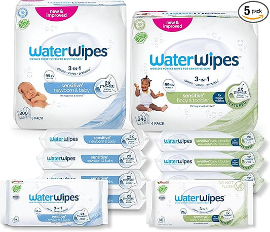 WaterWipes Bundle, Original 300 Count (5 packs) & Textured Clean Wipes 240 Count (4 packs), Plastic-Free, 99.9% Water Based Wipes, Unscented, Hypoallergenic for Sensitive Skin, Packaging May Vary