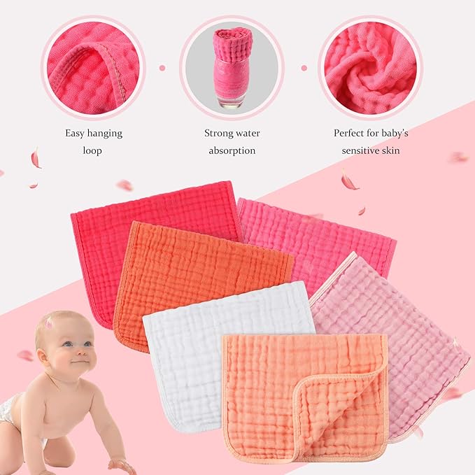 Hicarer 6 Pcs Girl Muslin Burp Cloths Cotton Burping Spit Rags Large 20 x 10 Inch 6 Layers Newborn Soft Absorbent Multicolor Wash Cloths Diapers for Baby Shower(Pink Series)