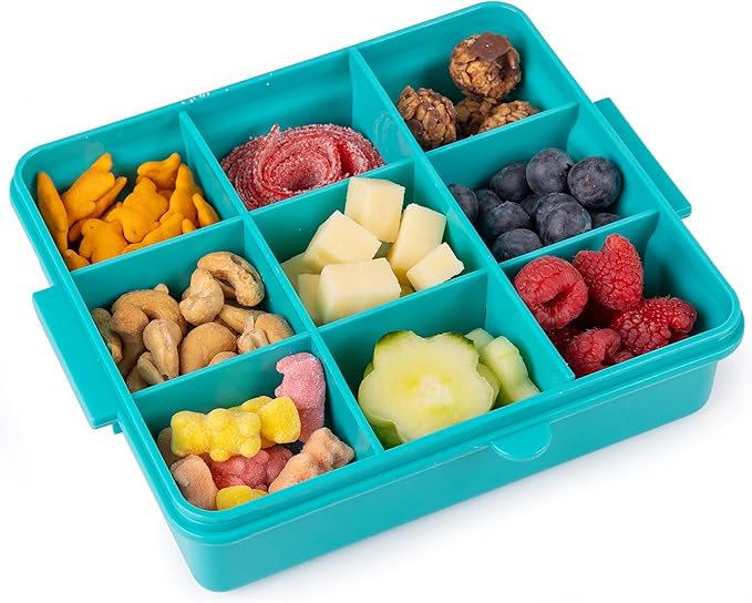 Travel Snack Box for Kids - Customizable Snackbox Container Organization System with Removable Dividers and Fun Silicone Character Decorations - Air-Tight Dishwasher-Friendly Toddler Food Containers