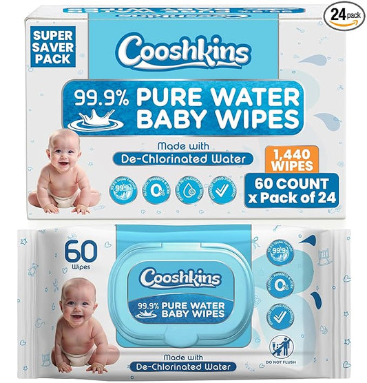De-Chlorinated Pure Water Baby Wipes | Gentle Unscented Wipes for Sensitive Skin | 99.9% Pure Water Based | Alcohol-Free, Paraben-Free | Soft & Thick (60 Count (Pack of 24))