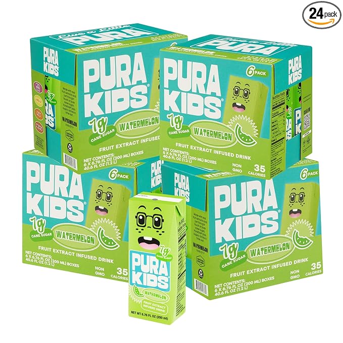 PURA Kids Box | Watermelon Fruit extract infused Drink for kids | 7g Pure Cane Sugar | Non-GMO | Vegan, No Artificial Sweeteners | Best Lunchbox Beverage with Paper Straw | 6.76 fl oz (200ml), Pack of 24