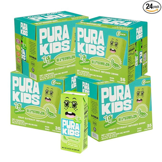 PURA Kids Box | Watermelon Fruit extract infused Drink for kids | 7g Pure Cane Sugar | Non-GMO | Vegan, No Artificial Sweeteners | Best Lunchbox Beverage with Paper Straw | 6.76 fl oz (200ml), Pack of 24