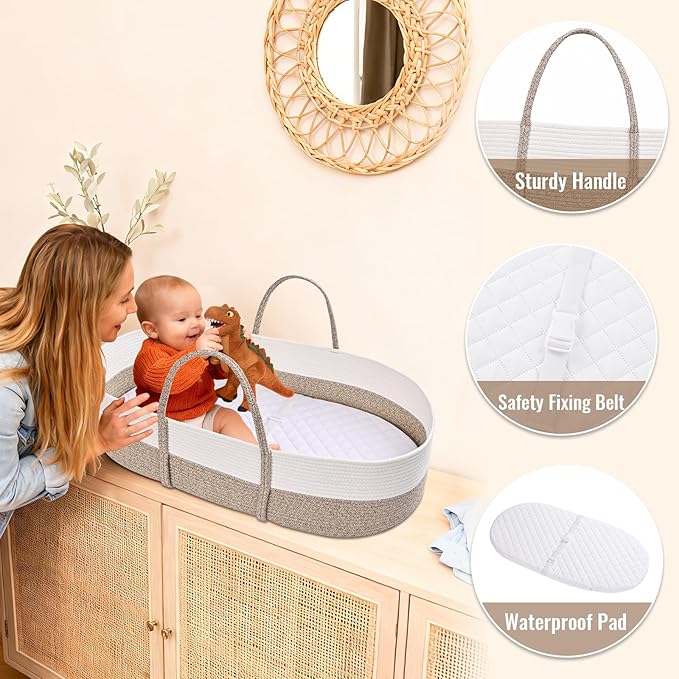 Changing Baskets Set,Moses Basket with Pad and Diaper Caddy,Set of 2 Baskets,Portable Cotton Rope Woven Basket,Replaceable Pad,Gifts for Newborn 28.7" x 15.7" x 7.8"（Brown）