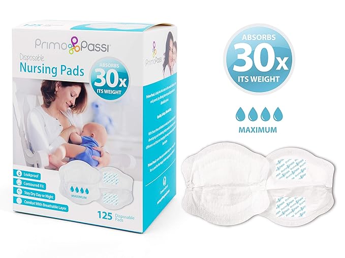 Primo Passi Disposable Nursing Pads for Breastfeeding, 125 Count Super Absorbent Stay Dry, Ultra Comfortable, and Individually Wrapped Leakproof Breast Pads