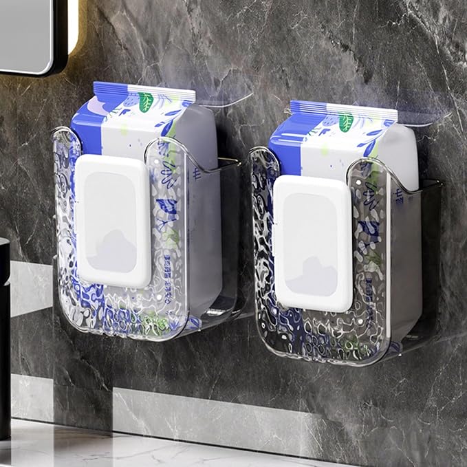 Kitchen Wipes Storage Box, 2024 New Non-Slip Flushable Wipes Holder for Bathroom Toilet, Wall-Mounted Clear Wet Tissue Dispenser Container Box No Punching Refillable Keeps Baby Wipes Fresh Case