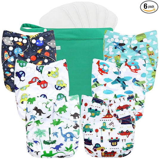 wegreeco Cloth Diapers 6 Pack with 6 Inserts & 1 Wet Bag, Washable Cloth Diapers for Babies, One Size Adjustable Reusable (Car, Airplane)