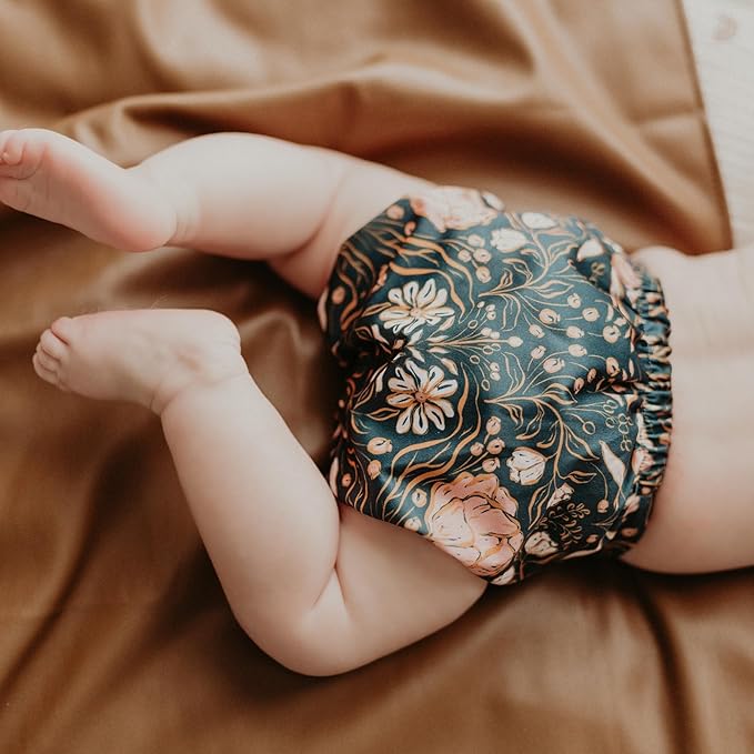 Kinder Cloth Diapers Reusable Baby Diapers Pocket Style Athletic Wicking Jersey, Bamboo Viscose Inserts, Wet Bag, Newborn to Potty Training 7-60lbs, One Size (Boho Florals, 5 Pack, with Inserts)