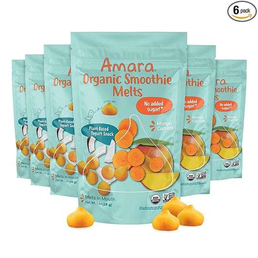 Amara Smoothie Melts - Mango Carrot - Organic Baby Snacks w/ Fruits & Veggies - Plant Based Yogurt Melts - Healthy Toddler Snack - Activity Book Included - Enjoy From 10+ Mos - 6 Resealable Bags