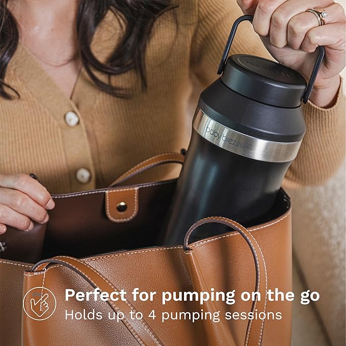 Baby Brezza All Day Portable Breastmilk Cooler, Large 20z Capacity, Insulated Travel Bottle Includes 2 Ice Packs + 2 Bottles, Soft White