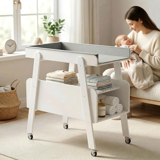 Diaper Changing Station Baby Flat Top Changing Table with Wheels and Changing Pad Nursery Organizer & Storage Rack Mobile Nursery Diaper Changing Table for Baby, Newborn (White)