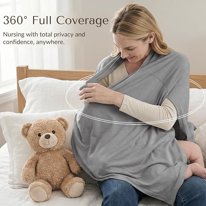 Konssy Nursing Cover for Breastfeeding, 360° Full Privacy Breathable Breastfeeding Cover, Multi-use Carseat Canopy(Grey)