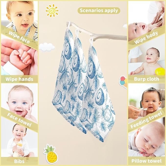 vvfelixl Baby Muslin Washcloths Wine Beach Party Baby Burp Cloths Cotton Babys Face Towel for Newborn Infants Boys Girls Soft and Absorbent 11.8 X 11.8 in, 3 Pack