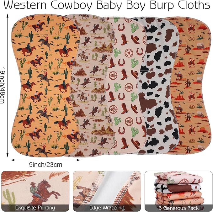 5 Pack Western Baby Burp Cloths Soft Absorbent Spit up Rags Cowboy Burp Cloths Wild West Burping rag for Boy Girl Newborn Gifts Nursery Decor, 19 x 9 Inches