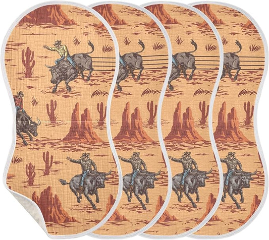 Western Cowboy Bulls Burp Cloths Baby Boys Girls Absorbent Soft Cotton Burping Cloths Rags 4 Pack