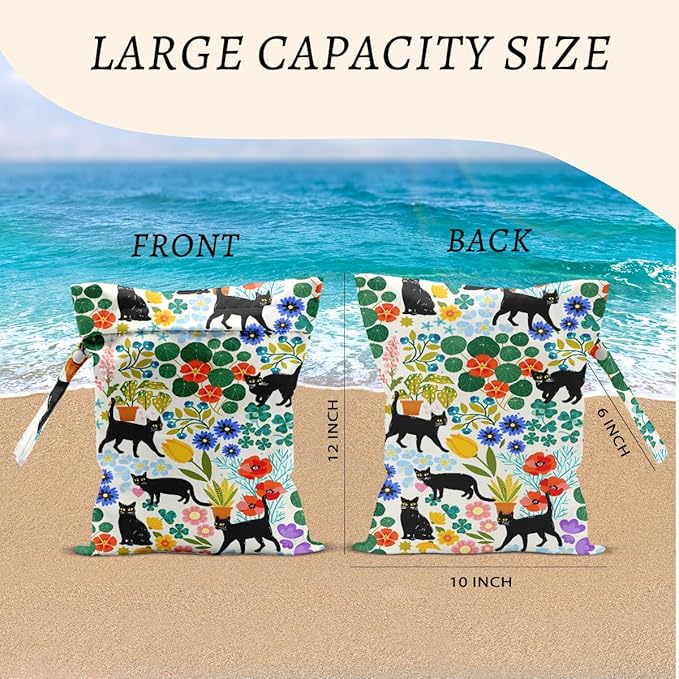 Cat Wet Bags 12x10 Inch, Colorful Floral Waterproof Wet Dry Bags, Flowers Washable Travel Laundry Bag for Swimsuit Pool Beach Diapers Dirty Yoga Gym Clothes, Cat Gifts for Women Friend Travelers