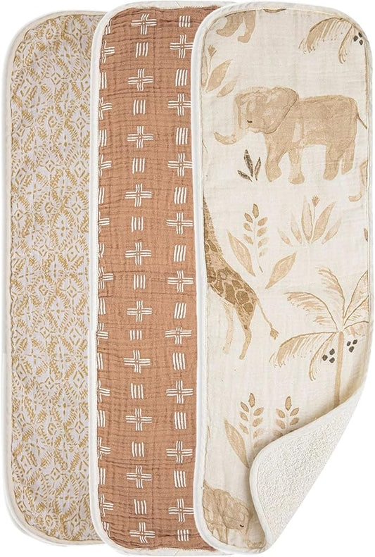 Crane Baby Muslin Baby Burp Cloths, Lightweight Absorbent Burp Cloth, Safari Animal, Set of 3, 7" x 20", Newborn Baby Essentials, Burp Cloths Baby Boy, Burp Cloths Baby Girl, Baby Newborn Essentials