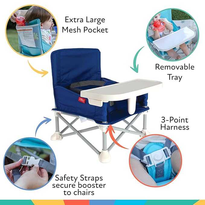 Nuby Pop-Up Booster Seat with Removable Tray - 6+ Months - Portable Booster Seat for Floor for Indoor/Outdoor Use - 3-Point Safety Adjustable Straps - Summer Travel Essentials - Blue