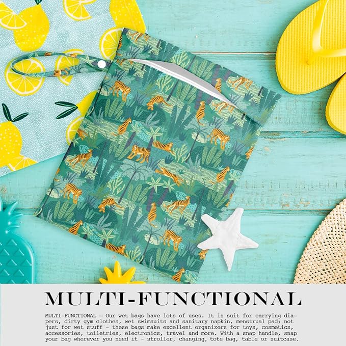 Wet Dry Bag, Wet Bag for Swimsuit, Travel, Beach, Pool, Diapers, Dirty Gym Clothes, Makeup Bag, Camping Accessories, Waterproof Reusable Jungle Tropical Leaves Cheetah Print